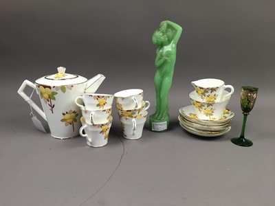 Lot 418 - AN EARLY 20TH CENTURY COFFEE SERVICE, CRYSTAL GLASSES AND A JADEITE FIGURE