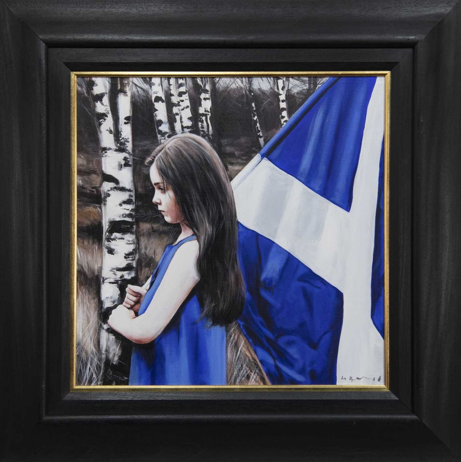 Lot 45 - YOUNG GIRL WITH SALTIRE, AN OIL BY GERARD BURNS