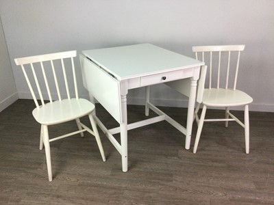 Lot 574 - A WHITE PAINTED KITCHEN TABLE AND TWO CHAIRS