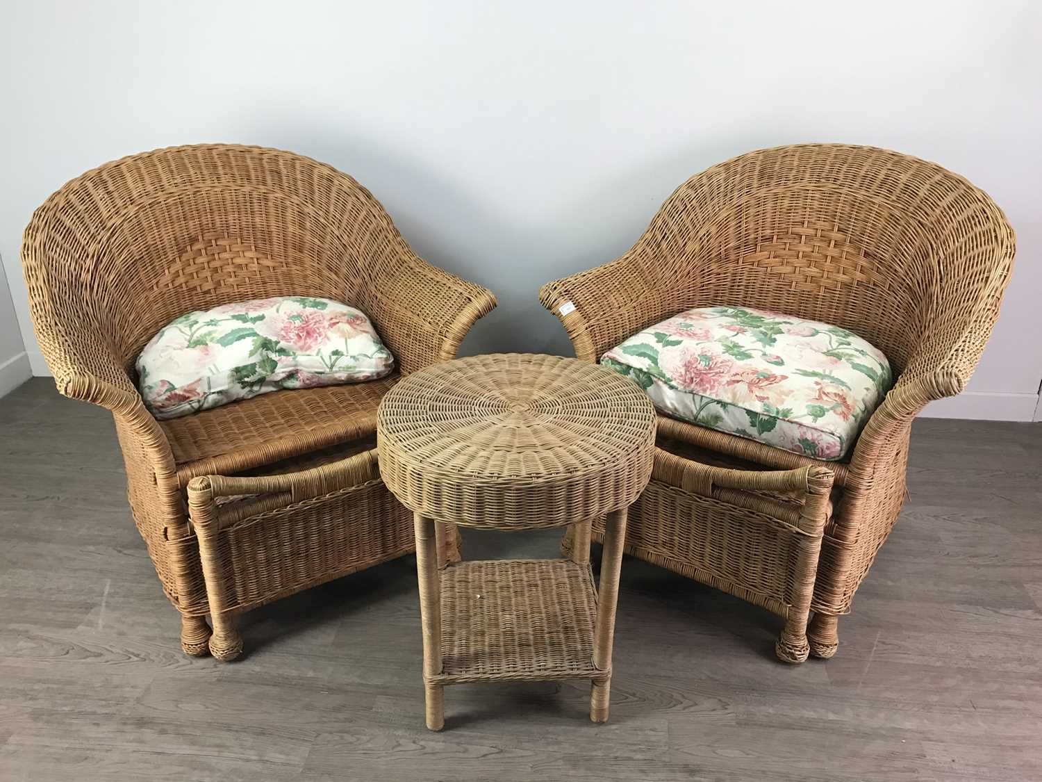 Lot 557 - A PAIR OF WICKER CHAIRS AND A SMALL TABLE