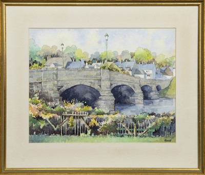 Lot 54 - BRIDGE OVER THE CREE, NEWTON STEWART, A WATERCOLOUR BY IRVINE RUSSELL