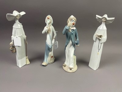 Lot 550 - A LOT OF TWO LLADRO FIGURES OF NUNS AND TWO OTHER FIGURES OF CLOWNS