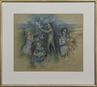 Lot 685 - LITTLE FAMILY ON THE SHORE, A PASTEL BY FLORA WOOD