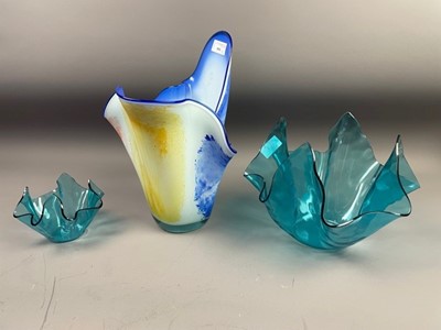 Lot 601 - AN ART GLASS HANDKERCHIEF VASE AND TWO OTHERS