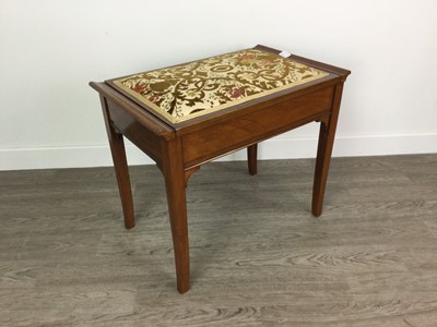 Lot 615 - A MAHOGANY PIANO STOOL, OAK NEST OF TABLES AND SEWING BASKET