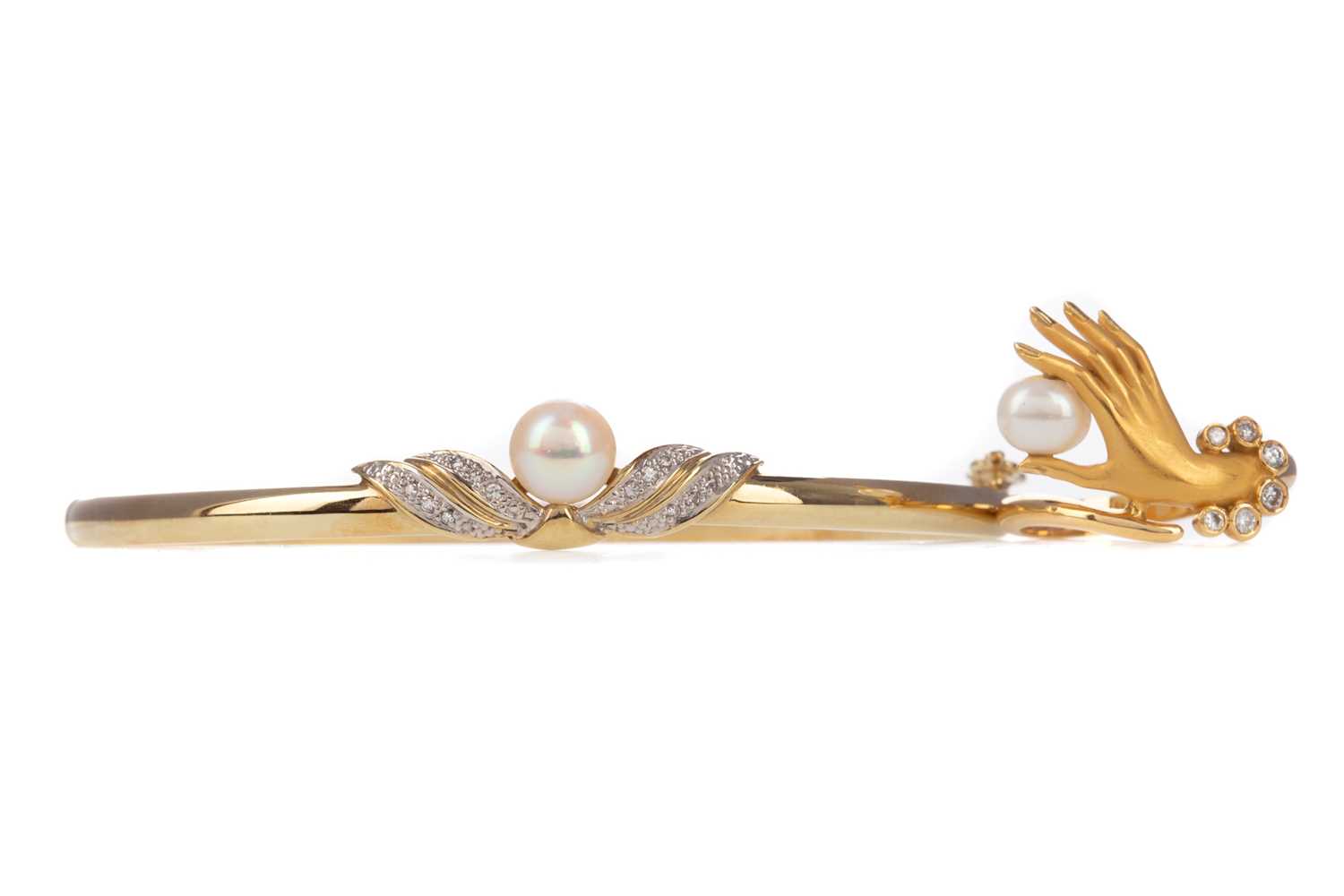 Lot 380 - A PEARL AND DIAMOND RING ALONG WITH FAUX PEARL AND DIAMOND BANGLE