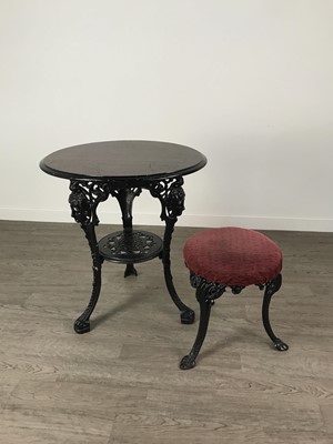 Lot 655 - A SET OF FOUR CAST IRON BAR TABLES AND FOUR STOOLS