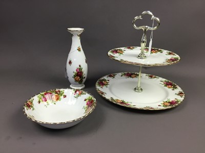 Lot 658 - A ROYAL ALBERT 'OLD COUNTRY ROSES' TWO TIER CAKE PLATE, VASE, AND OTHER CERAMICS