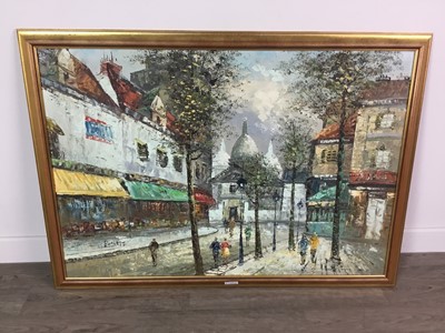 Lot 677 - A PARISAN STREET SCENE OIL BY BURNETT AND THREE OTHER PICTURES