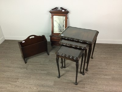 Lot 736 - A MAHOGANY MAGAZINE RACK, A MAHOGANY WALL HANGING CUPBOARD AND A NEST OF TABLES