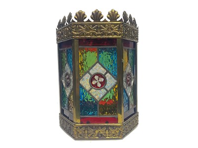 Lot 1003 - A VICTORIAN BRASS AND LEADED GLASS HALL LANTERN