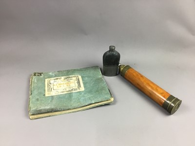 Lot 688 - A FOUR DRAW BRASS TELESCOPE, ALONG WITH A HIP FLASK AND BOOK OF ETCHINGS