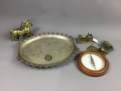 Lot 705 - A BRONZE PARTIAL SUN DIAL, PLATED TRAY AND OTHER ITEMS