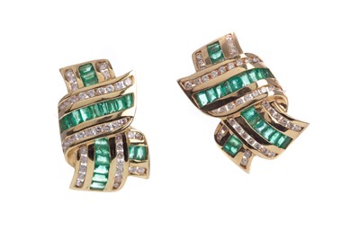 Lot 522 - A PAIR OF EMERALD AND DIAMOND EARRINGS
