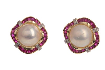 Lot 524 - A PAIR OF MABE PEARL, RUBY AND DIAMOND EARRINGS