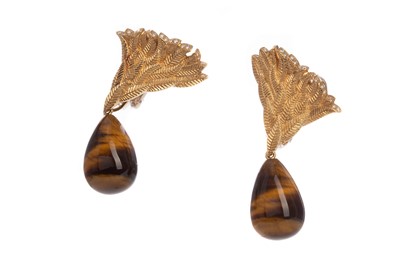 Lot 529 - A PAIR OF TIGERS EYE AND DIAMOND EARRINGS