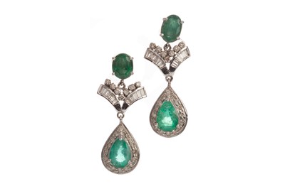 Lot 546 - A PAIR OF EMERALD AND DIAMOND EARRINGS