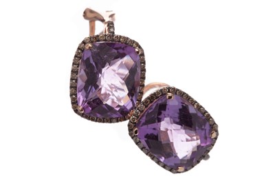 Lot 550 - A PAIR OF AMETHYST AND DIAMOND EARRINGS