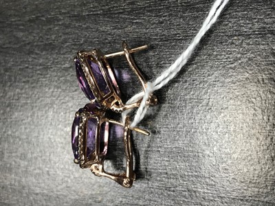 Lot 550 - A PAIR OF AMETHYST AND DIAMOND EARRINGS