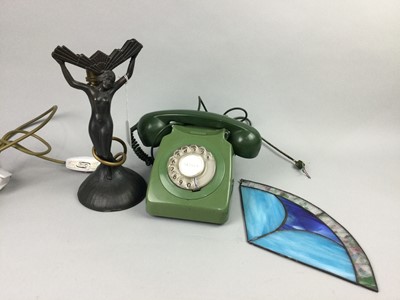 Lot 23 - AN ART DECO STYLE FIGURAL TABLE LAMP, DECANTER AND A TELEPHONE
