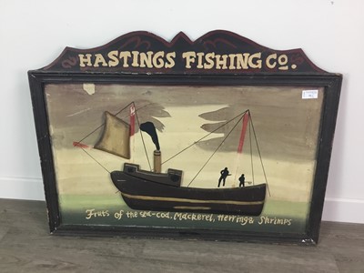 Lot 31 - A HASTINGS FISHING CO ADVERTISEMENT BOARD AND A PAINTING OF NODDY