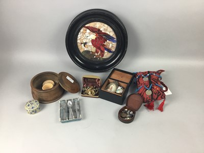 Lot 83 - A TREEN CHESS SET, TRINKET BOXES, FRAMED ROUNDEL AND A VASE