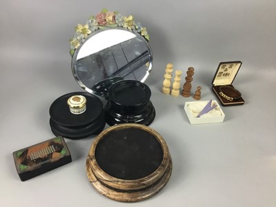 Lot 83 - A TREEN CHESS SET, TRINKET BOXES, FRAMED ROUNDEL AND A VASE