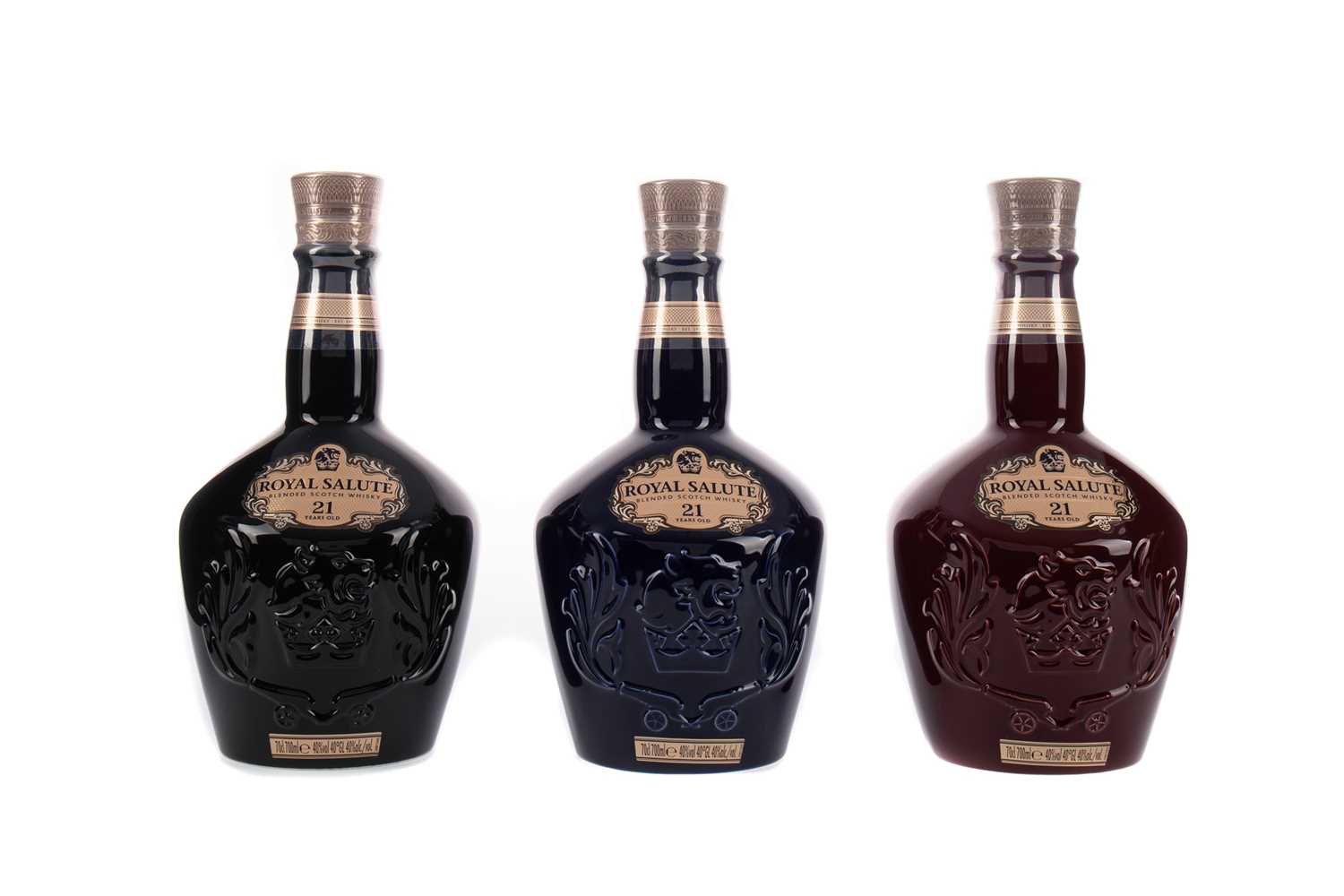 Lot 103 - CHIVAS REGAL ROYAL SALUTE AGED 21 YEARS RUBY, SAPPHIRE AND EMERALD DECANTERS