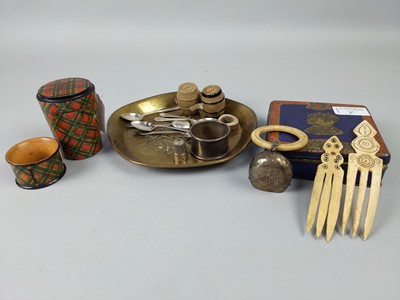 Lot 7 - A MAUCHLINE TARTAN WARE GLASS CASE, NAPKIN RINGS, SILVER SPOONS AND OTHER ITEMS