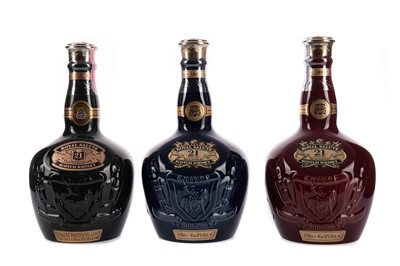 Lot 191 - CHIVAS REGAL ROYAL SALUTE AGED 21 YEARS - EMERALD, SAPPHIRE AND RUBY DECANTERS