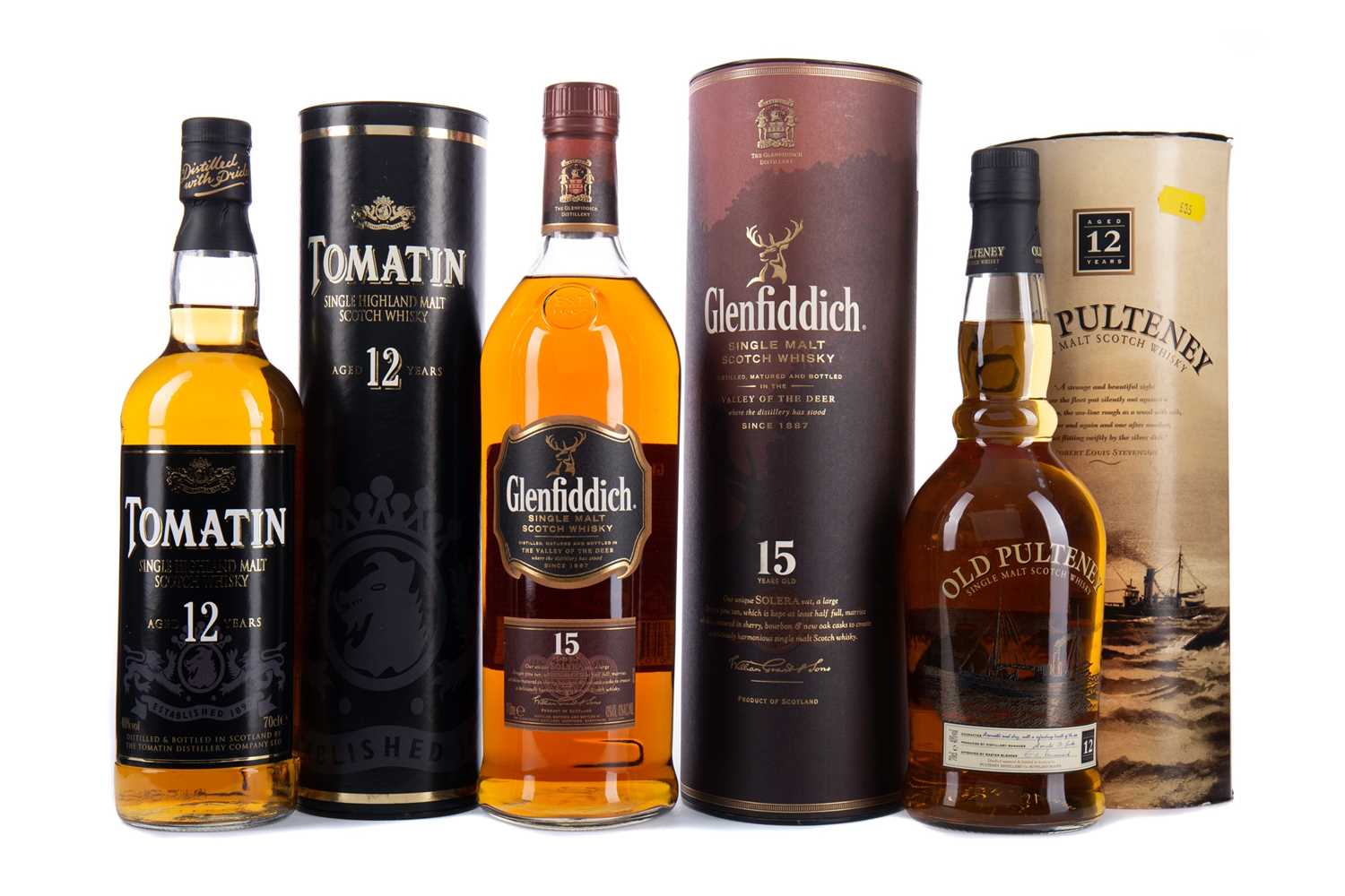 Lot 194 - GLENFIDDICH 15 YEARS OLD, OLD PULTENEY 12 YEARS OLD AND TOMATIN AGED 12 YEARS