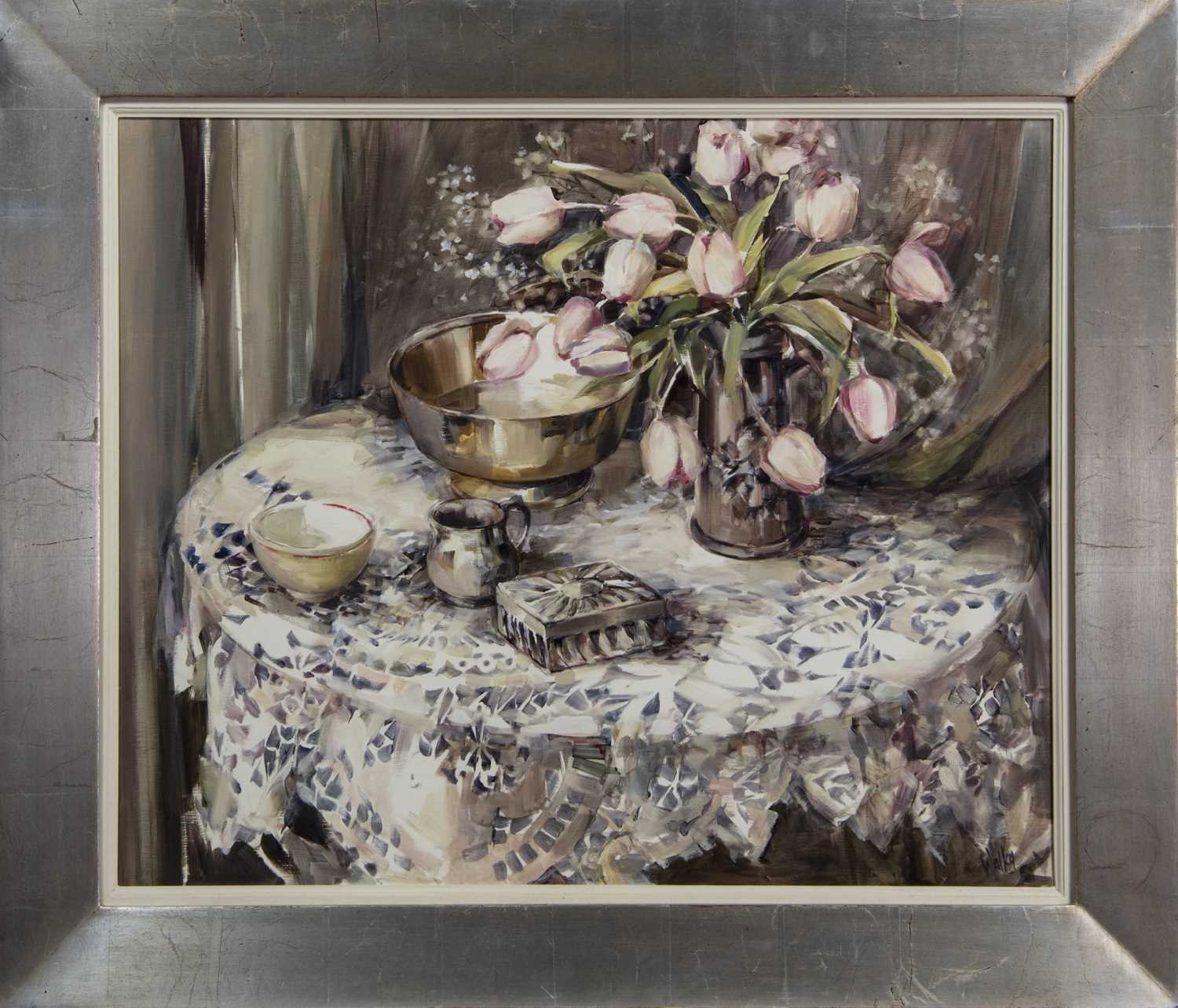 Lot 594 - THE LACE CLOTH, AN OIL BY ETHEL WALKER