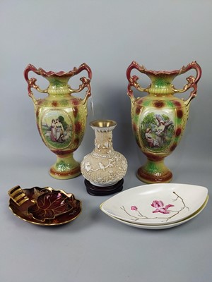 Lot 99 - A PAIR OF VICTORIAN VASES ALONG WITH OTHER CERAMICS