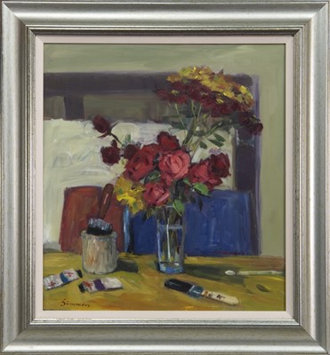 Lot 138 - ROSES IN THE STUDIO, AN ACRYLIC BY CONNIE SIMMERS