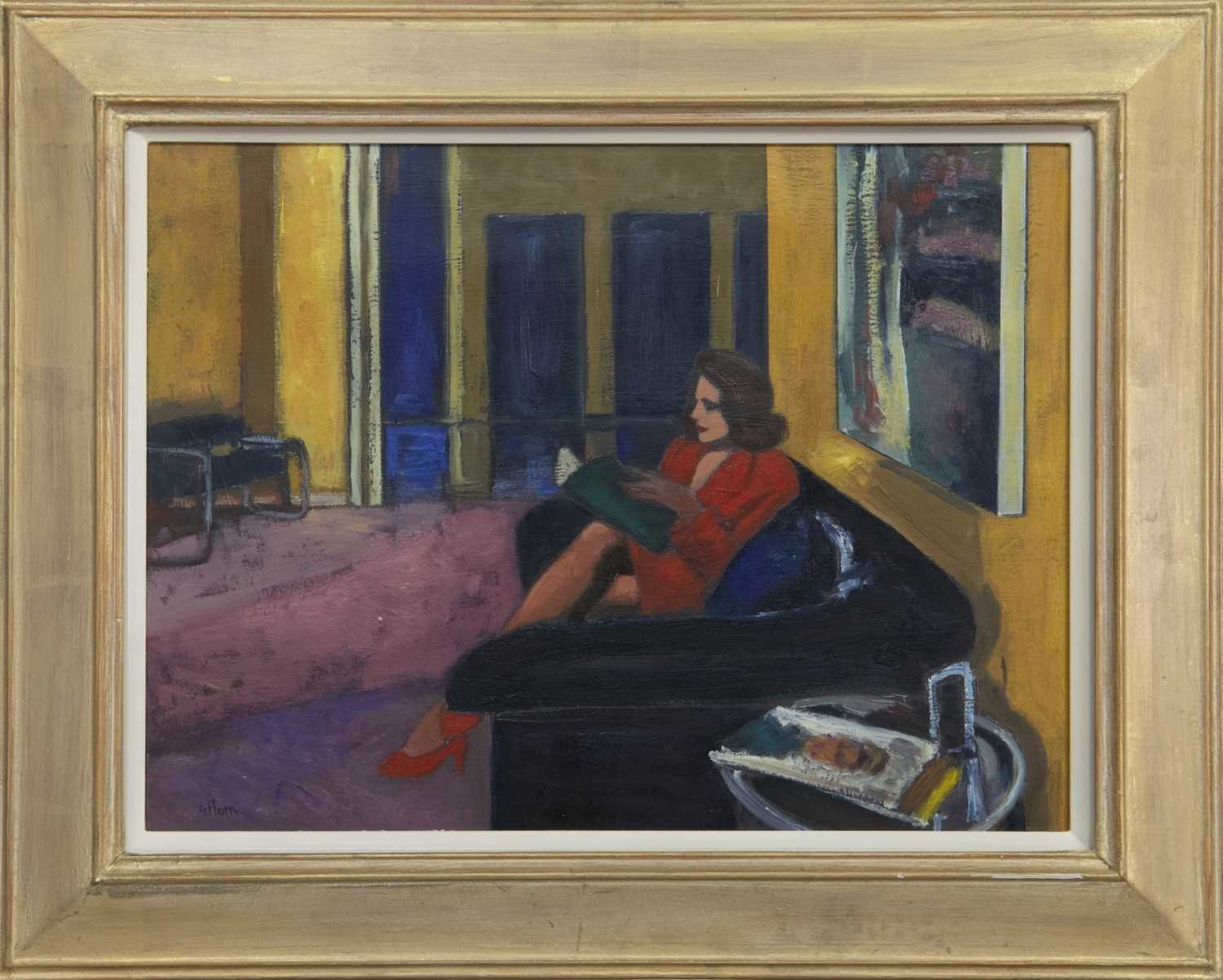 Lot 621 - LADY IN RED, AN OIL BY GEORGE HORN