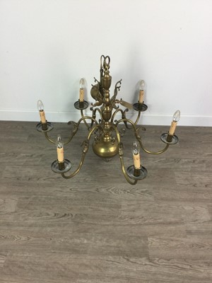 Lot 219 - A HANGING BRASS SIX LIGHT CHANDELIER