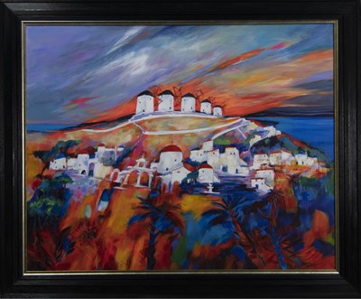 Lot 599 - ONCE UPON A TIME IN MYKONOS, AN ACRYLIC BY SHELAGH CAMPBELL