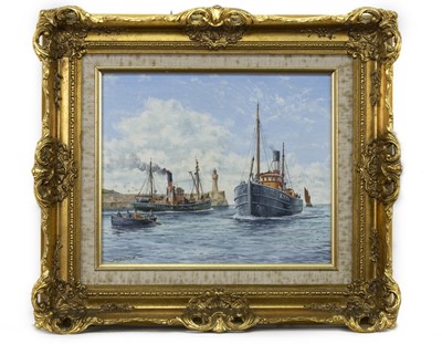 Lot 784 - BOATS IN THE BAY, AN OIL BY JAMES CURRY BURNIE