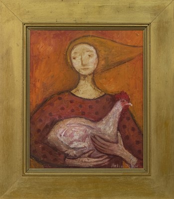 Lot 800 - WOMAN WITH CHICKEN, AN OIL BY HELEN TABOR