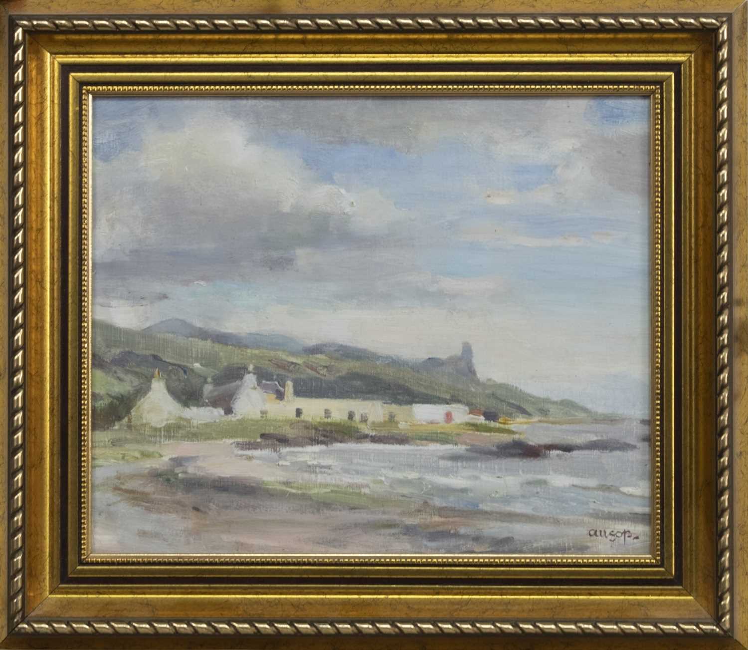 Lot 114 - DUNURE CASTLE, FROM THE VILLLAGE, AYRSHIRE, AN OIL BY HARRY ALLSOP