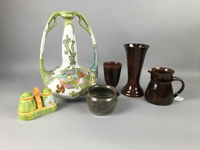 Lot 243 - AN ARNHEM DUTCH TWIN HANDLED VASE, ALONG WITH OTHER CERAMICS