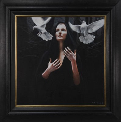 Lot 50 - BLACK CLOAK AND DOVES, AN OIL BY GERARD BURNS