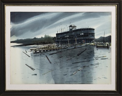 Lot 196 - THE QUINLAN DERELICT, ALONG THE MISSISSIPPI, A WATERCOLOURB Y GEORGE GANSWORTH