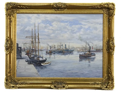 Lot 790 - BOATS BY THE DOCK, AN OIL BY JAMES CURRY BURNIE