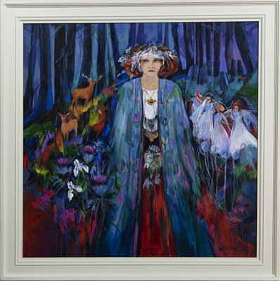 Lot 792 - DANCE OF DRUIDS, AN ACRYLIC BY SHELAGH CAMPBELL