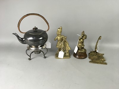 Lot 276 - A PLATED SPIRIT KETTLE AND BRASSWARE