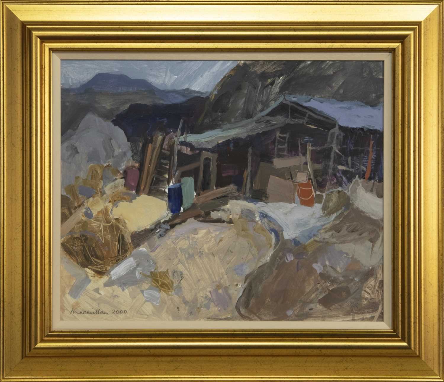 Lot 510 - OLD SHEDS ABOVE MONTEJAQUE, AN OIL BY SHEILA MACMILLAN