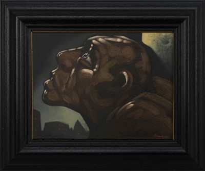 Lot 838 - FELIX, THE SEER, AN OIL BY PETER HOWSON