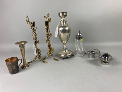 Lot 328 - A PAIR OF BRASS CANDLESTICKS AND SILVER PLATED ITEMS