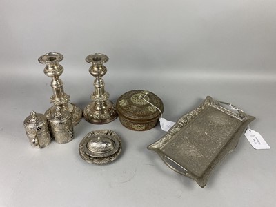 Lot 331 - A SET OF FOUR SHEFFIELD PLATE CANDLESTICKS AND OTHER ITEMS